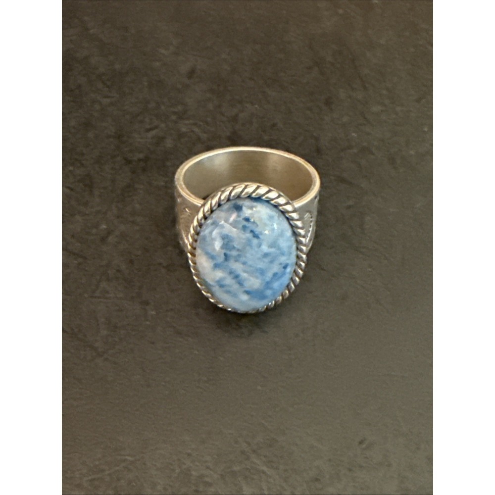 Vtg Sterling Silver 925 Oval Natural Blue Aventurine Ring Size 8-Artist Marked